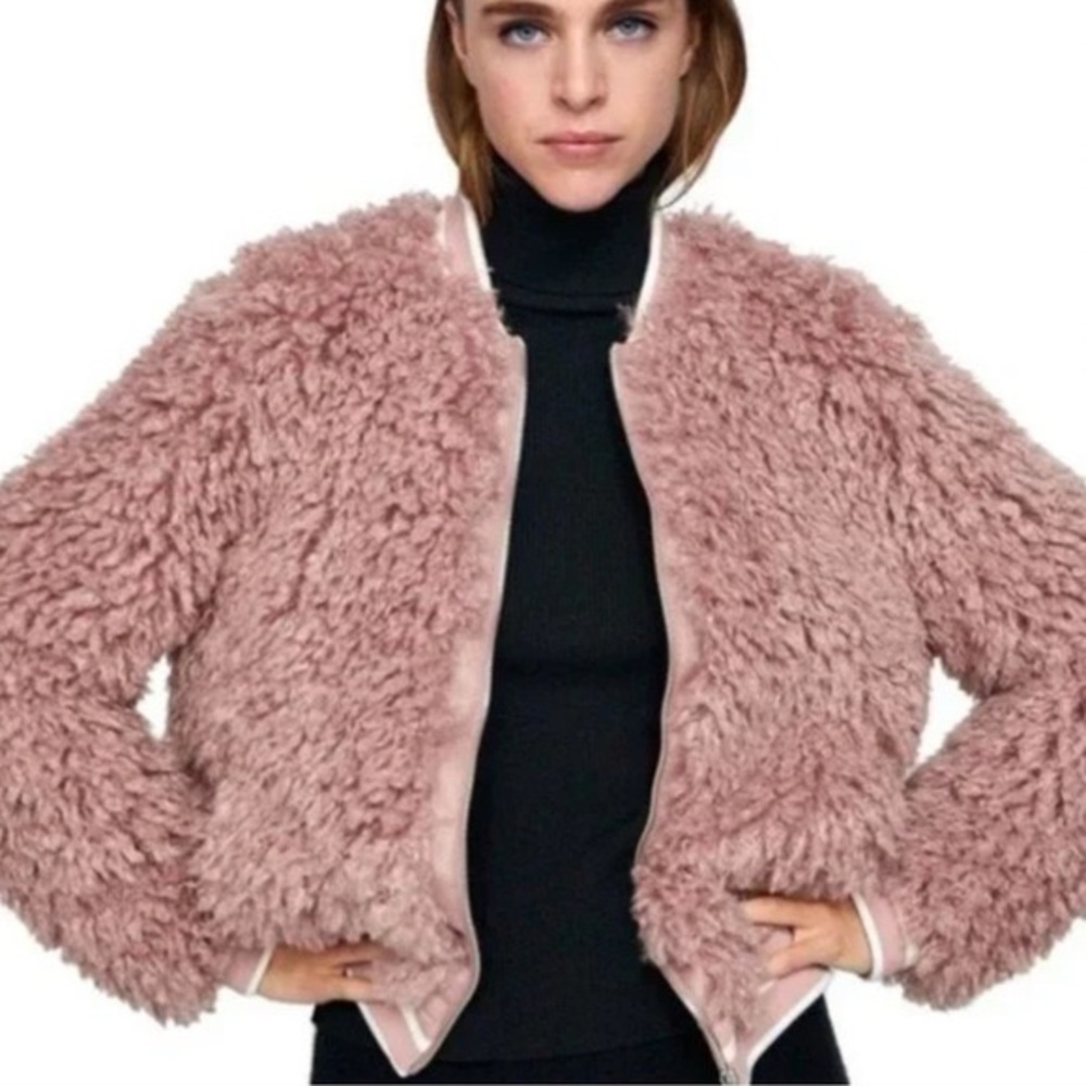 Zara Blush Pink Faux Fur Teddy Bomber Jacket Cozy Warm Oversized Statement Small